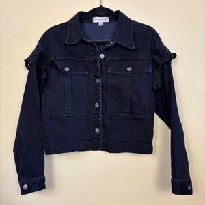 SOMETHING NAVY Womens Celeste Denim Jean Jacket Size Small Lace‎ Ruffle Cropped